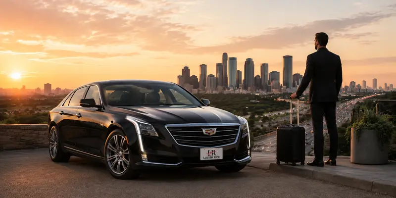Luxury Cadillac sedan with the official Lavish Ride logo overlooking Houston as a business traveler prepares for a comfortable long-distance journey.